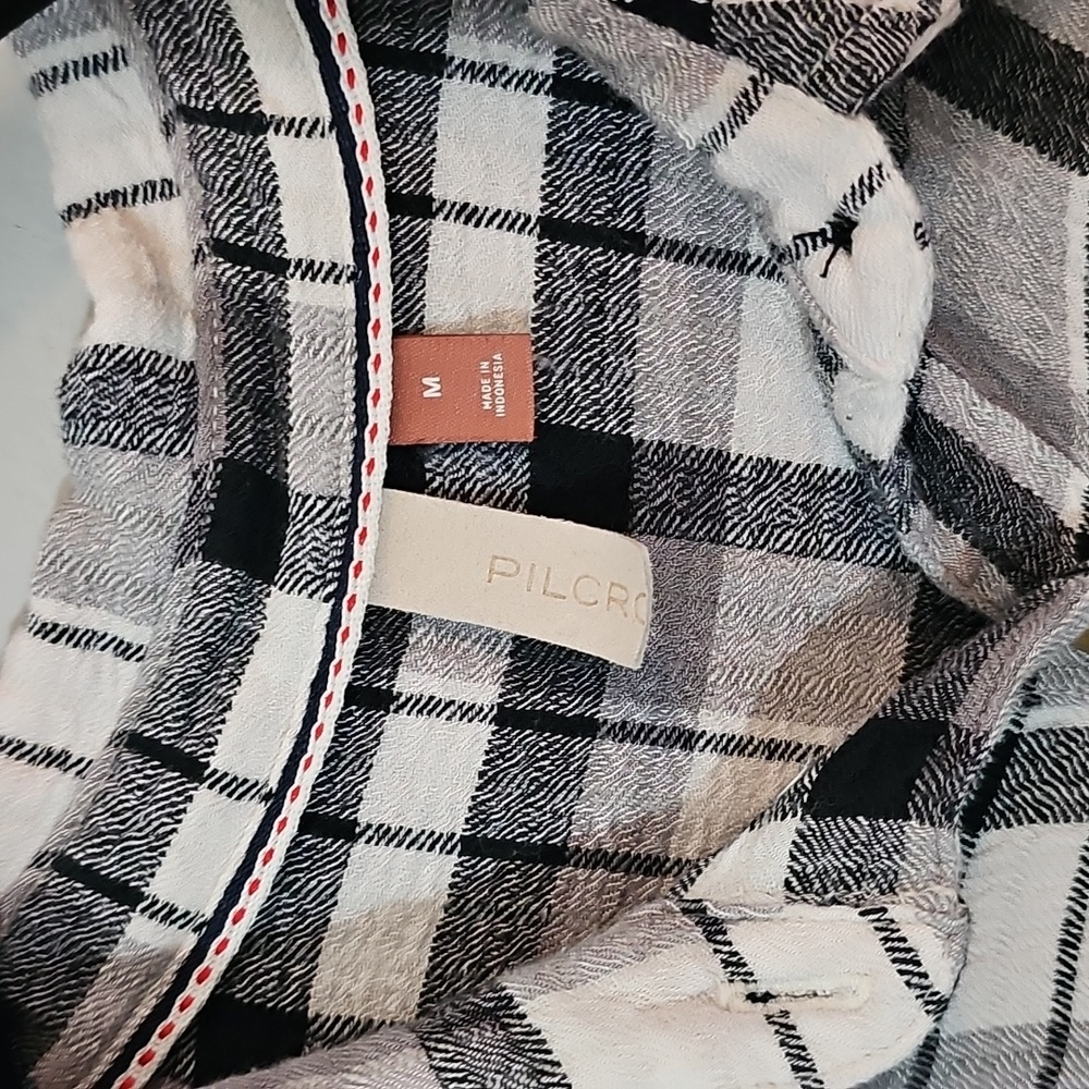 Pilcro x Anthropologie Longline Relaxed Plaid Buttondown Black White Top Medium - Picture 6 of 10